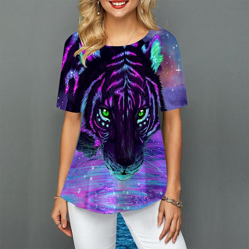 Kvinner Plus Size T-skjorter for kvinner med korte ermer Fargerike Tiger 3d-trykk Løse fritidsoverdeler Uregelmessige sommerklær kvinner