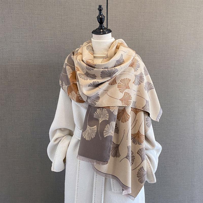 Vintage Ginkgo Leaf Jacquard Scarf Women Thick Warm Faux Cashmere Neck Scarf