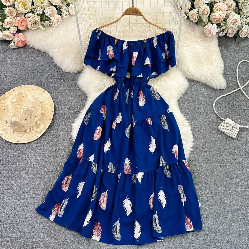 

Gentle off-Shoulder Shoulder-Baring Ruffles Waist-Tight Slim Looking A- line Printed Dress Seaside Holiday Large Swing Dress Dark Blue One size