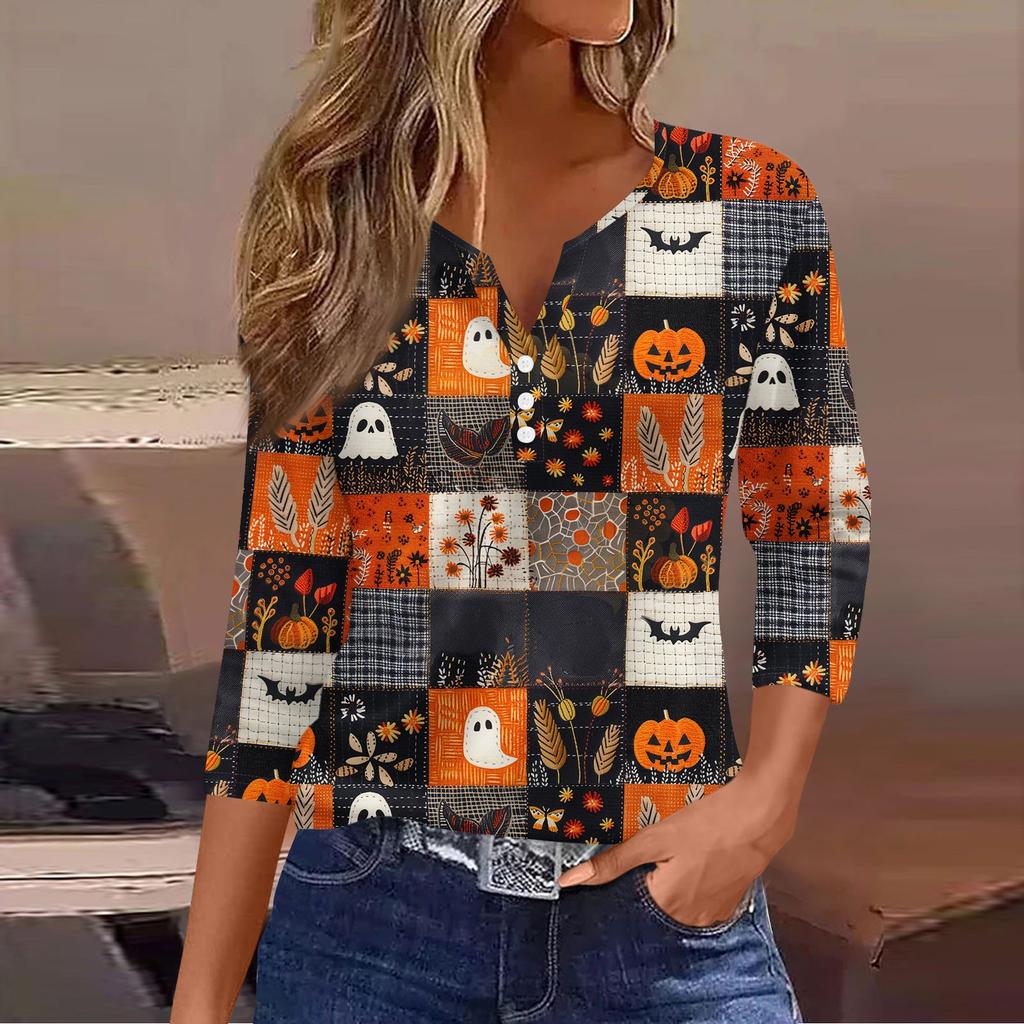 3/4 Ärmel Damen Tops Halloween Print Vintage Mode Lässig Locker Mit V-Ausschnitt Übergröße Shirts