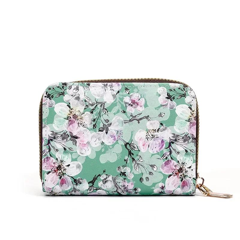 Women Flower Printed 11 Cards Slot Card Bag Case Fashion Retro Zipper Card Wallet ID Holder Credit Card Holder Badge Holder