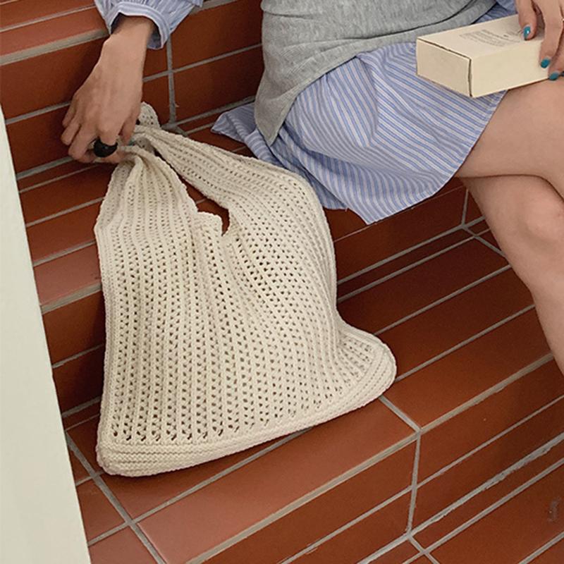 Casual Hollow Grids Knitting Shoulder Bag Large Capacity Multicolor Lightweight Bags Knitted Polyester Casual Tote Vacation