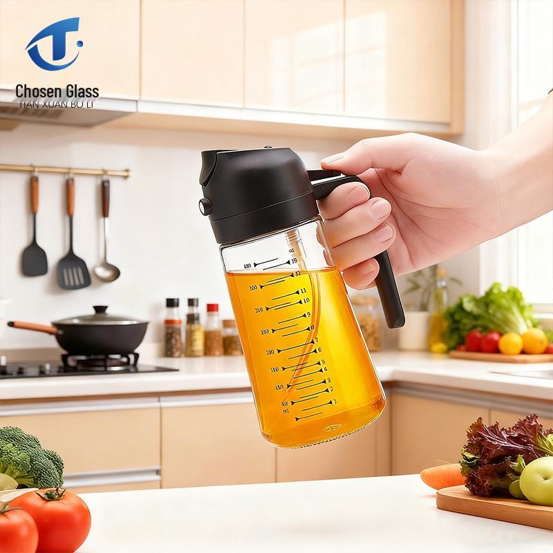 Graduated Glass Oil Dispenser with Handle: Large Capacity, Leak-Proof, 2-in-1 Spray for Kitchen Use.