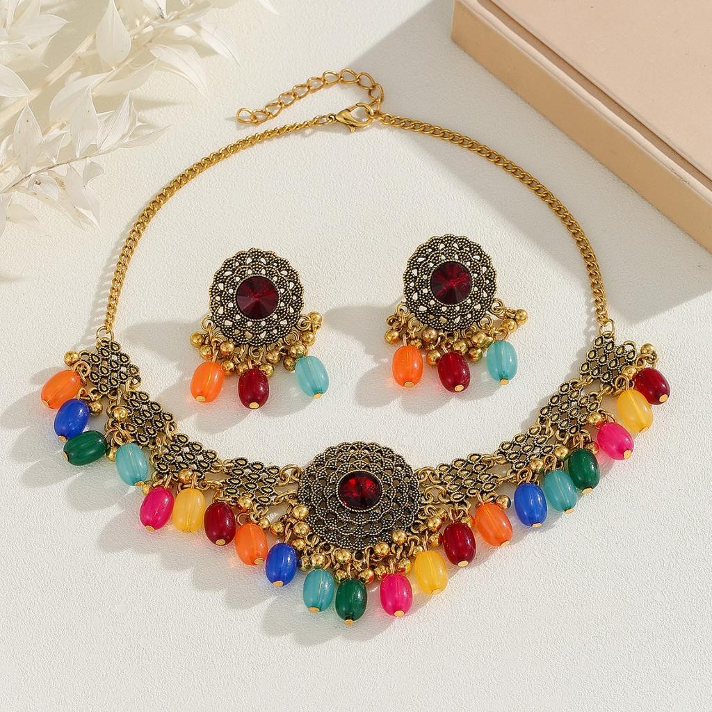 Vintage Indian Style Necklace Earrings Set Fringed Collarbone Chain Pendant Court Style