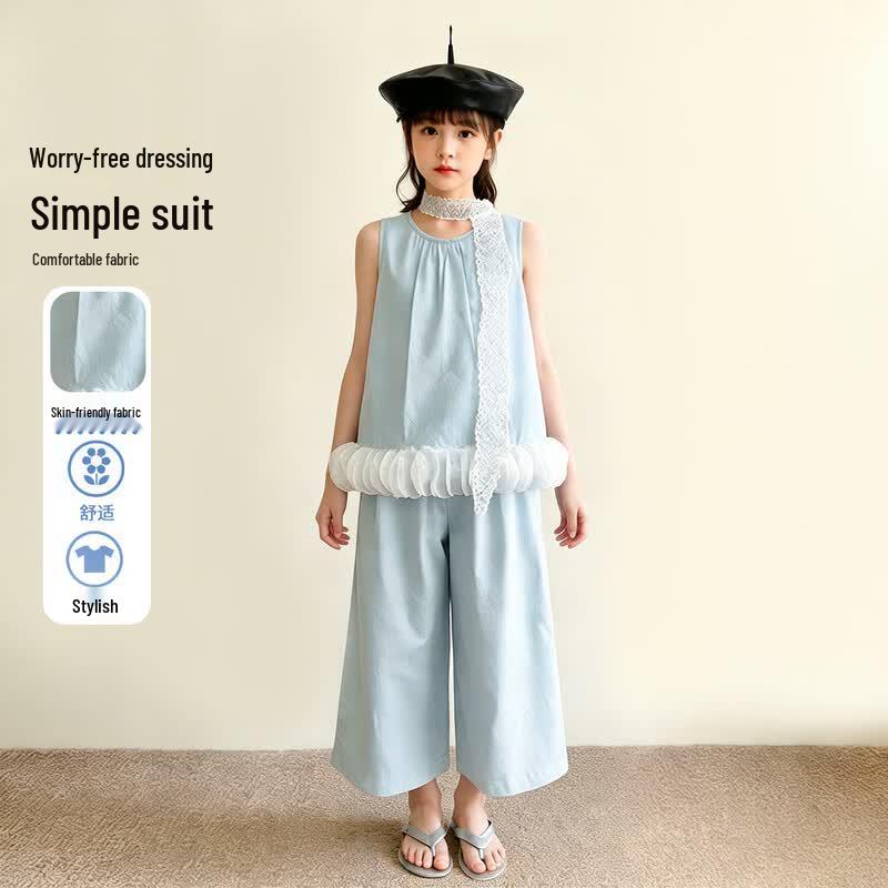 Frog Prince Girls Korean Style Sleeveless Top & Wide-Leg Pants Set 170