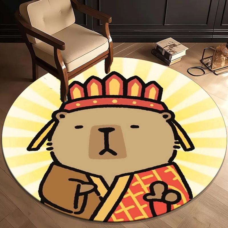 

Cartoon bear emperor crown yellow sunburst round rug crystal velvet funny kids room play mat Japanese style animal carpet 60cm x 60cm