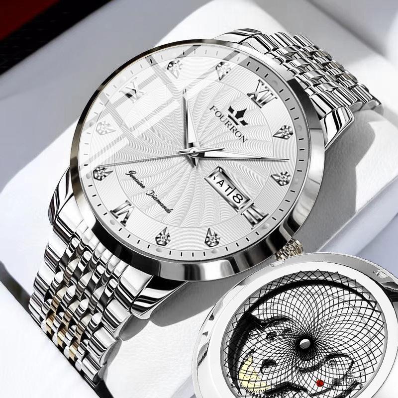 Men's Diamond Quartz Watch with Luminous Double Calendar