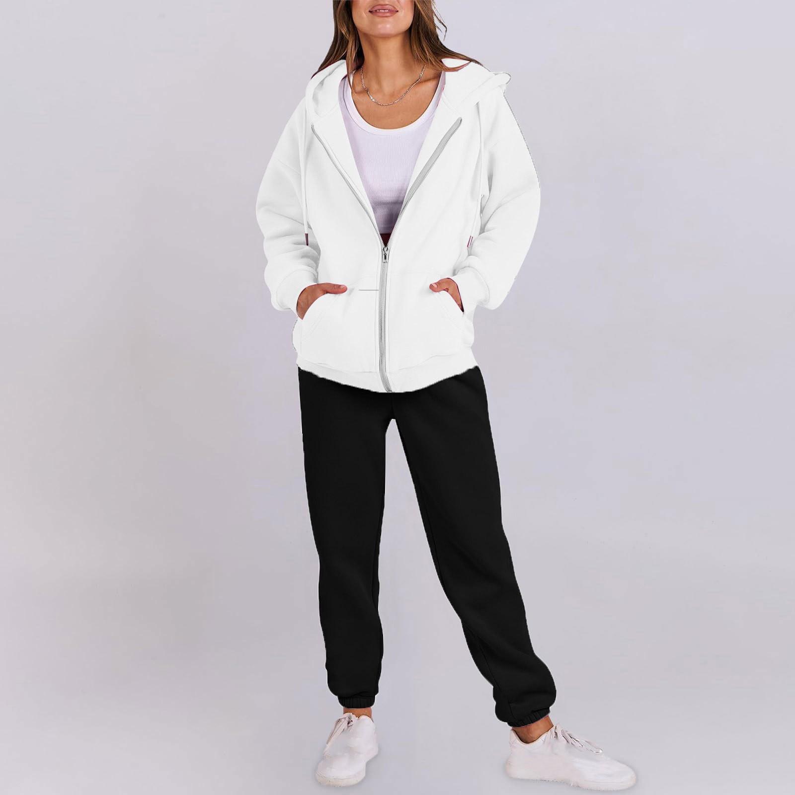 

Women s Fashion Hooded Long Sleeve Color Zipper Elastic Waist Loose Sweatshirt Set XL білий