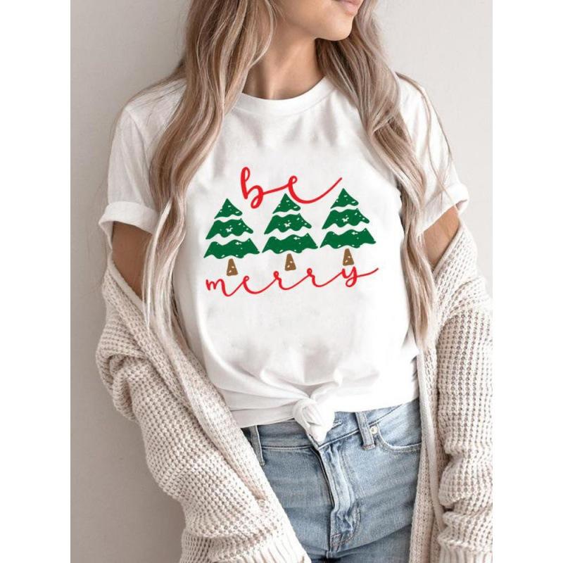 Summer Plus Print Christmas Theme Loose Cotton Short Sleeved T-Shirts Women’s