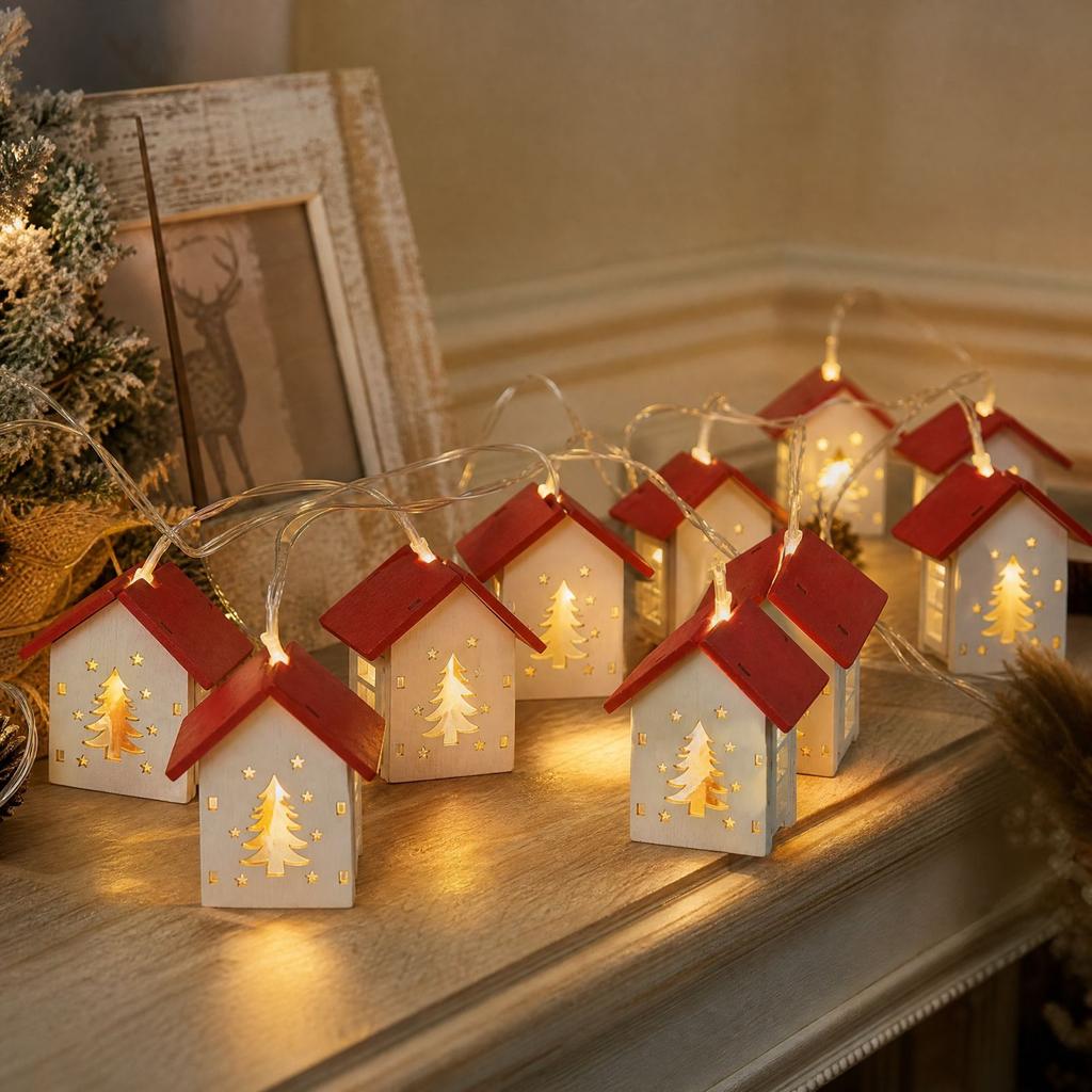 Wooden Christmas Decoration with Tree, Deer and Red House Design, Festive Tabletop Decorative Light