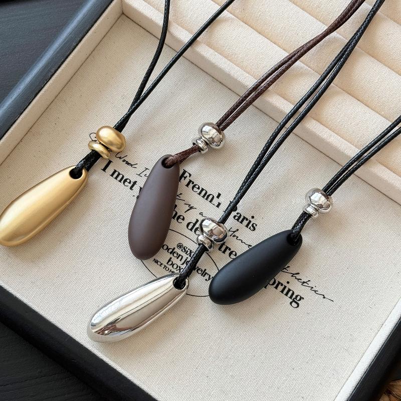 Minimalist Water Drop Pendant Leather Rope Frosted Polished Necklace Long Sweater Chain Jewelry Decorative Accessories Gift