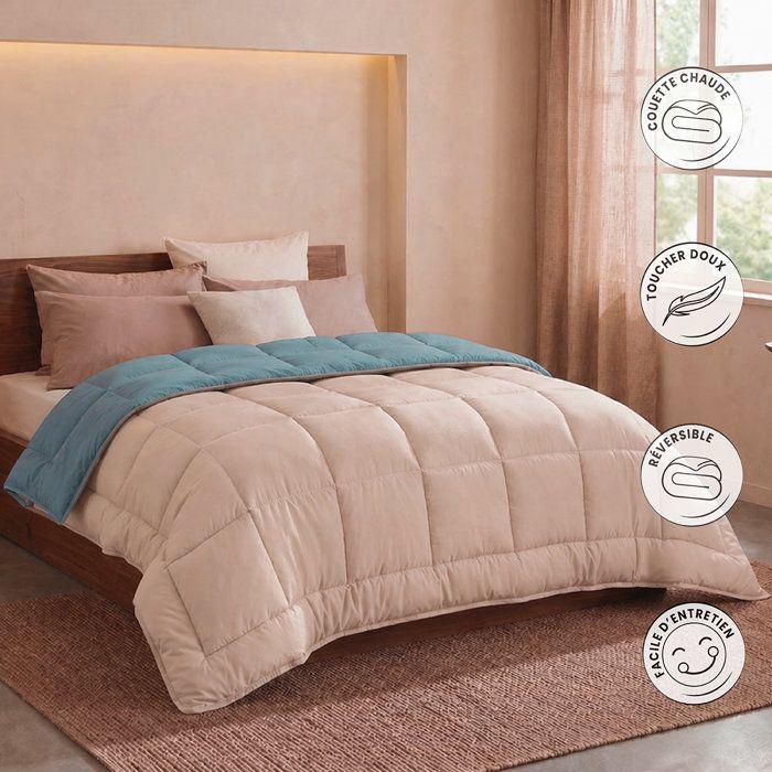CALGARY - Couette Chaude Microfibre 400gr/m² - Beige Galet & Vert Lac - 240 x 260 cm