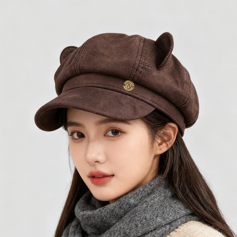 Autumn and winter cute sweet bear ears beret versatile face student newsboy hat