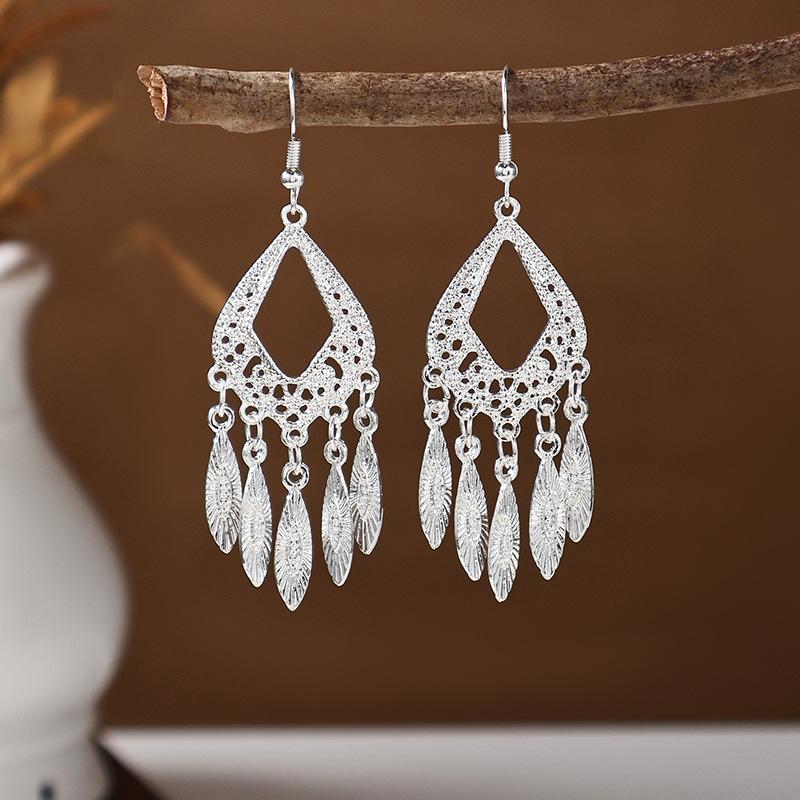 Ethnic Miao Silver Tassel Earrings - Retro Long Dangle Scenic Studs for Women