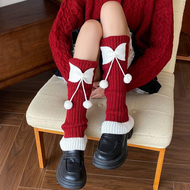Pompon Gestrickte Stulpen Herbst Winter Verdickt Warm Neujahr Schleife Stulpen Colorblocking Weihnachts-Stil Japanische JK Slouchy Socken