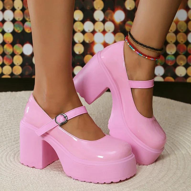 Fashion Brown Super High Heels Mary Jane Shoes for Women 2025 Fashion Chunky Platform Pumps Woman Patent Leather Ankle Strap Party Shoes