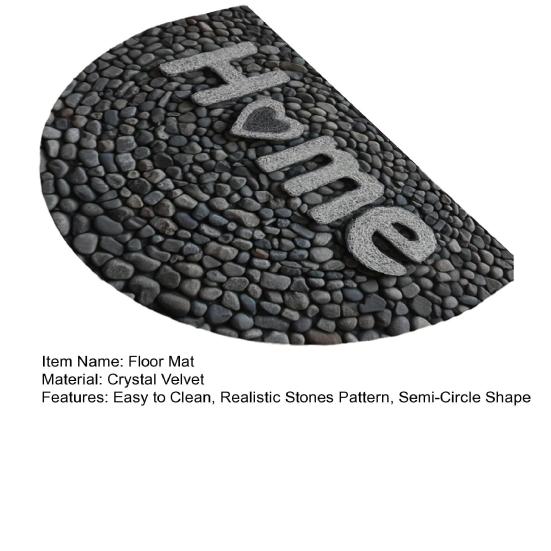 3D Pebbles Welcome Mat Realistic Stones Pattern Floor Mat Semi-Circle Door Mat with Anti-Slip Backing for Front Door Entrance Porch Bathroom Kitchen