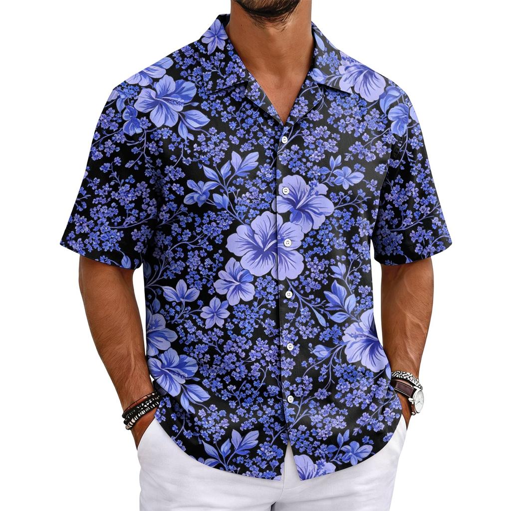 Men's Summer Short Sleeve Cuban Collar Shirt Casual Button Down Lightweight Breathable Fabric Beachwear Shirt