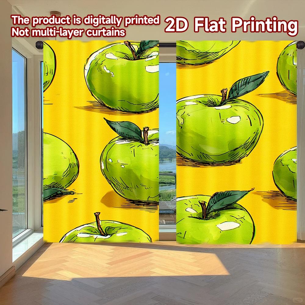 

Set Of 2 Flat Printing Curtains Without Rod Green Apples Yellow April Fools Is Day Festival Fashion Polyester Curtain W100*H70(CM)-Grommet top&1PCS