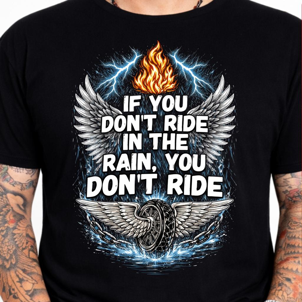 If You Don't Ride in the Rain Motorcycle T-Shirt Winged Wheel Biker Graphic Tee.
