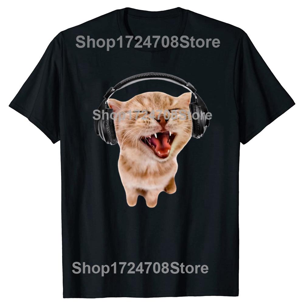Funny Silly Cat With Headphones Graphic T-shirts Men Women's Fashion Casual Tshirt 100% Cotton Loose Oversized T Shirt