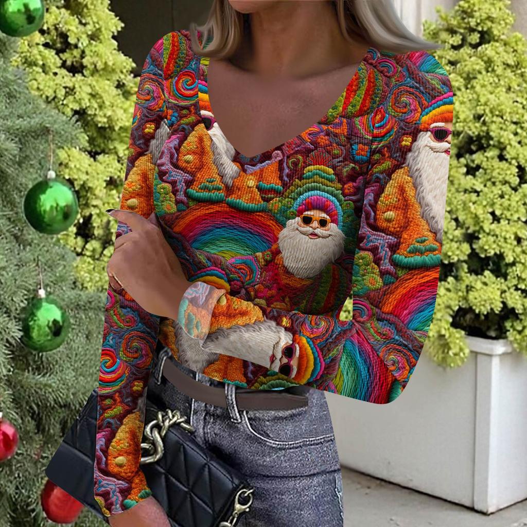 Women's Winter Slim-Fit Base Layer T-Shirt Fashionable Christmas Print V-Neck Pullover Long-Sleeved Top