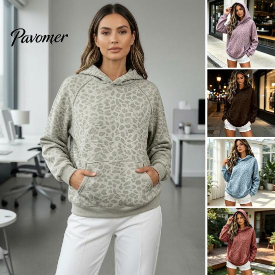 Sweatshirt with Front Pocket Women Leopard Print Hoodie, Oversized Drop Shoulder Hooded Pocket, Hoodie Long Sleeve Loose Casual Pullover Top