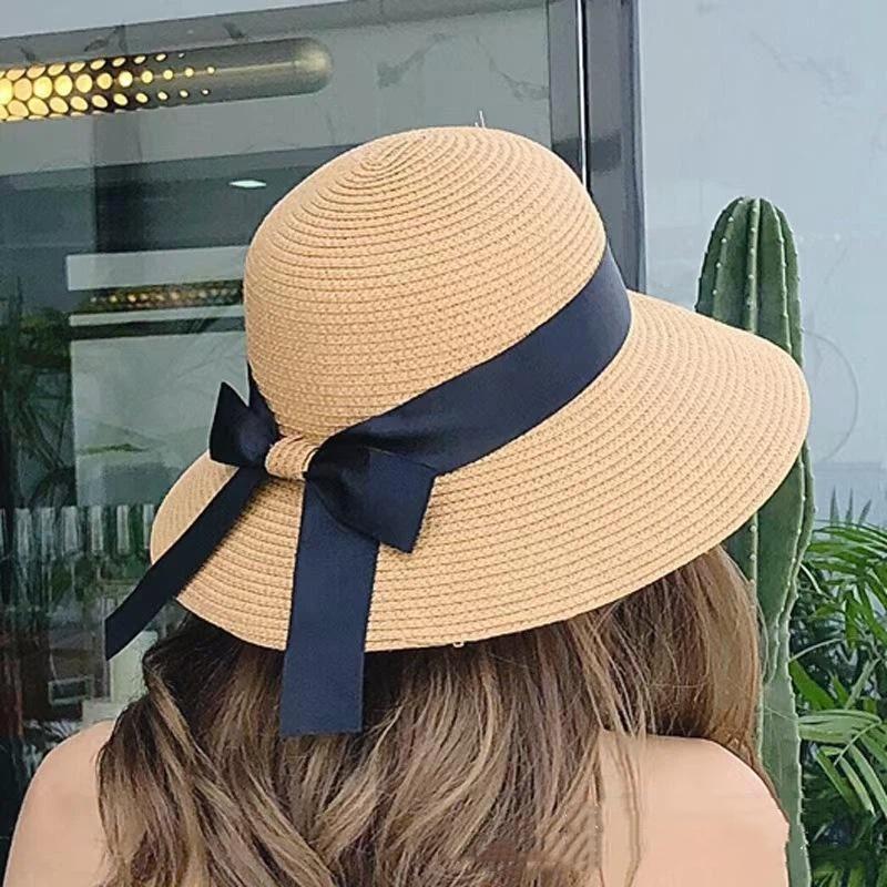 Elegant Hepburn Women Beach Sunshade Sun Hat  Summer Retro Sunscreen Hat Bow Fisherman Hat