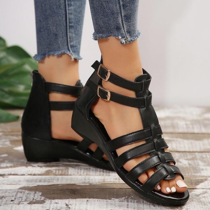 Sandali estivi da donna con plateau e zeppa, punta tonda, sandali aperti, scarpe da spiaggia da donna con cinturino con fibbia, sandali beige da donna