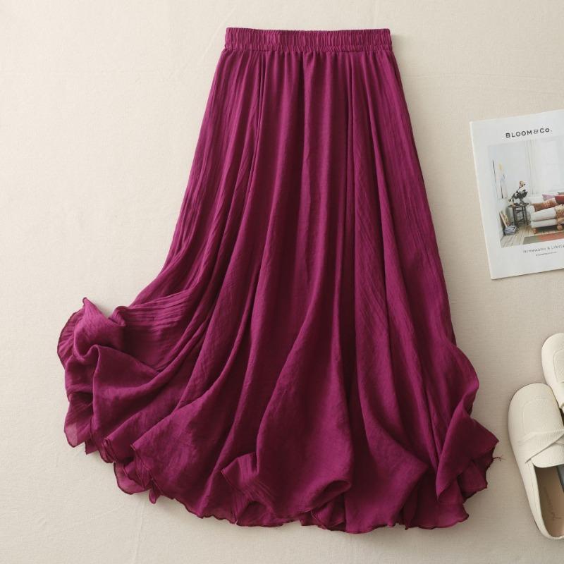 Long A-line Skirt In Cotton and Linen with Elastic Waist In Pure Color for Summer and Autumn