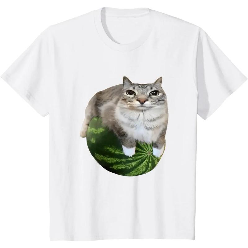 

Cotton Watermelon Cat Silly Cat Meme T-Shirt Hilarious Watermelon Print Shirt Casual Man s Clothing XXXL
