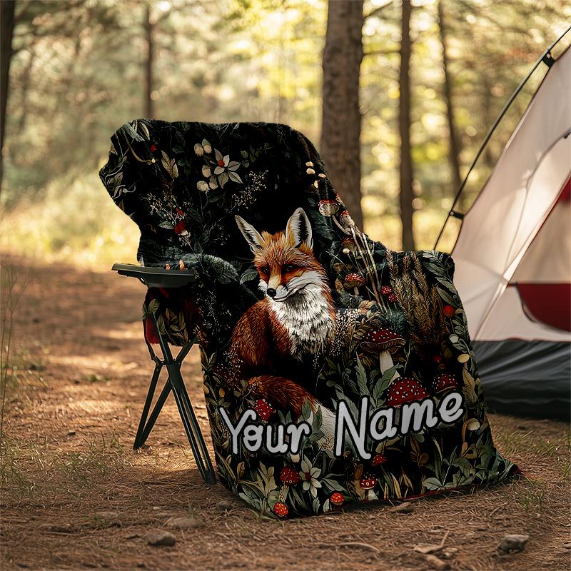 1PC Custom Name Fox Forest Outdooor Flannel Blankets Throw Blanket All-Season Throw Gift Bedspread for Couch, Bed, Camping Holiday Birthda