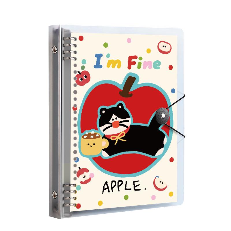 A5 Loose-Leaf Notebook: Hand-Friendly, Detachable, High-Value, Thickened Student Notebook with Cute Apple-Cat Design.