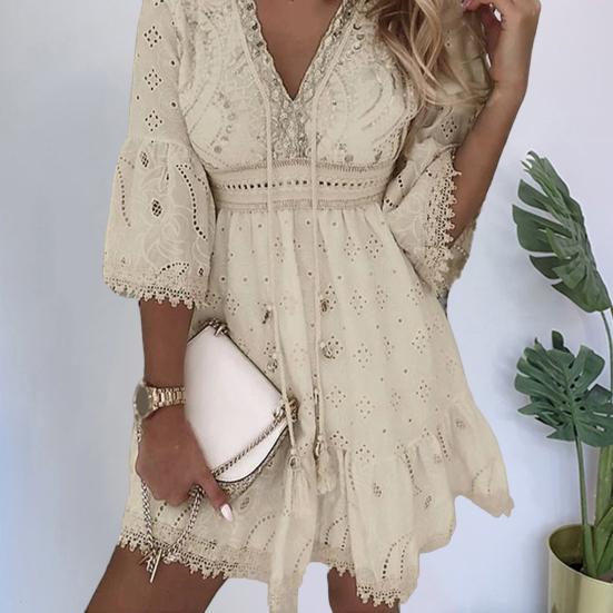 Kobiety Letnia Sukienka Dekolt V Wycięcie Rękawy Trzy Czwarte Frędzle Haft Sukienka do Przebierania Jednolita