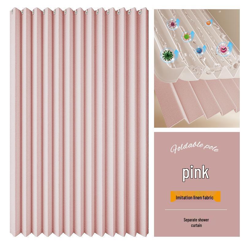 Durable Linen-Like Folding Shower Curtain with Telescopic Rod for Bathroom Optimization