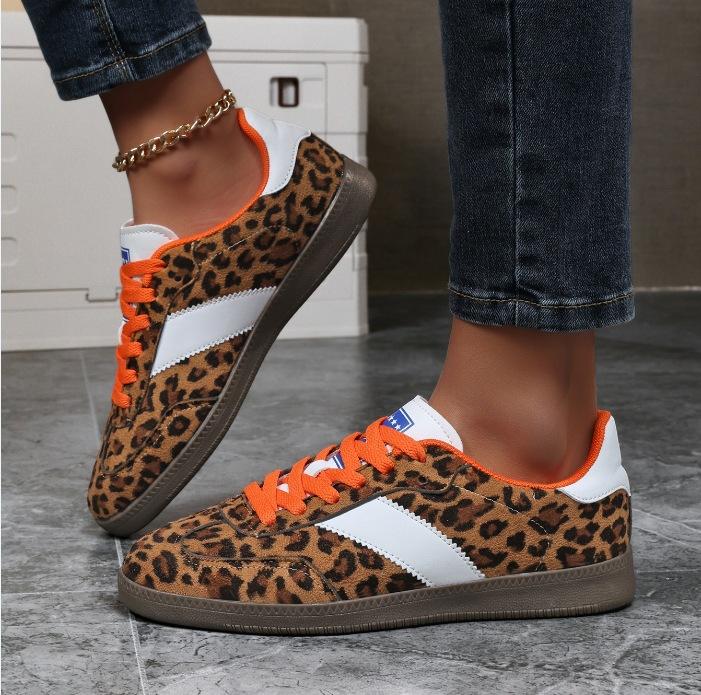 Summer and autumn leather surface German training shoes leopard print casual flat baseplate shoes light travel shoes sports