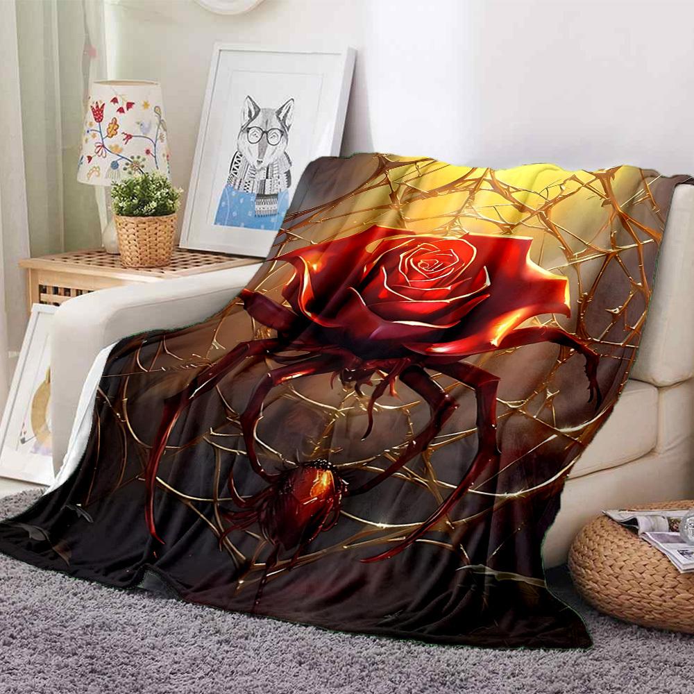 1pc Rose Spider Print Blanket - Lightweight Flannel Throw Blanket For Sofa, Bed, Living Room, Office, Outdoor Travel, Camping, Soft All-Season Throw