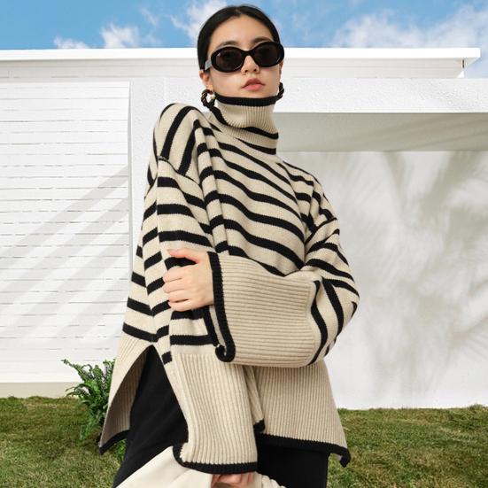 Women Fall Winter Sweater High Collar Neck Protection Contrast Color Striped Print Loose Knit Long Sleeve Split Hem Soft Warm Lady One Size Sweater