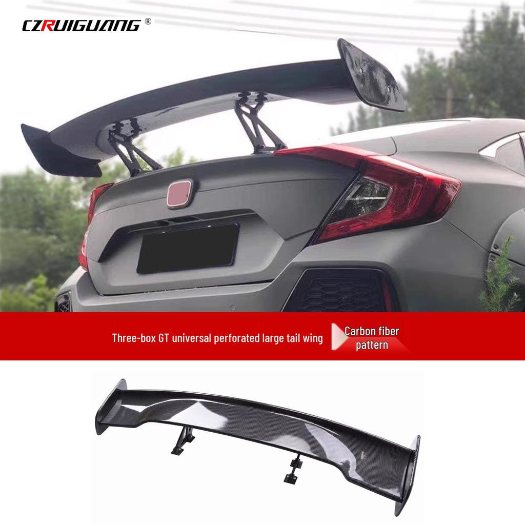 GT Universal Perforated Rear Spoiler Kit: Includes Bracket, Wind Deflector, Roof Spoiler, Rear Diffuser, Side Skirts, and Front Lip.