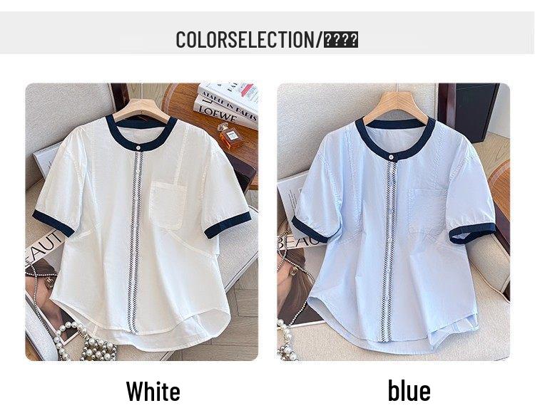 2026 Summer Korean High-End Color Block Loose Plus Size Cotton Short Sleeve Women's Shirt