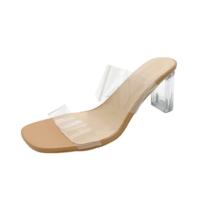 Transparent high heels women's sandals summer new square head crystal thick heel with fashion large size cool slippers outside