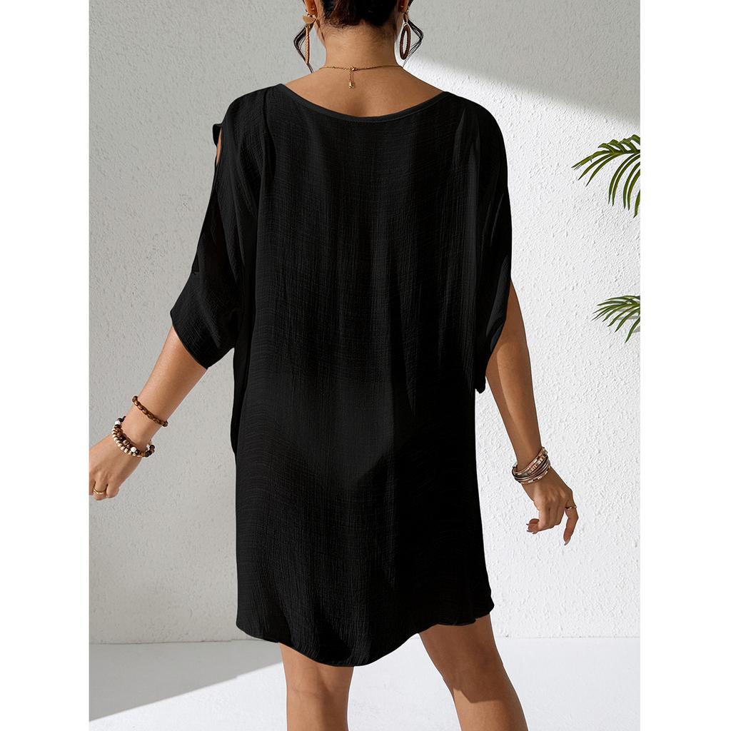Pure Color V-Neck Lightweight Transparent Loose Dress Beach Casual Comfort Sun Protection Cover Up Fashion Beachwear