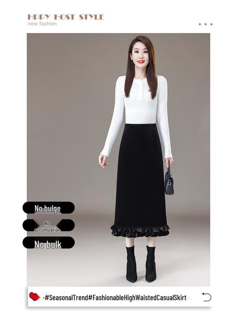Elegant Lace Gold Velvet A-Line Skirt for Women, High Waist with Side and Back Slits, Perfect for Spring-Winter 2026