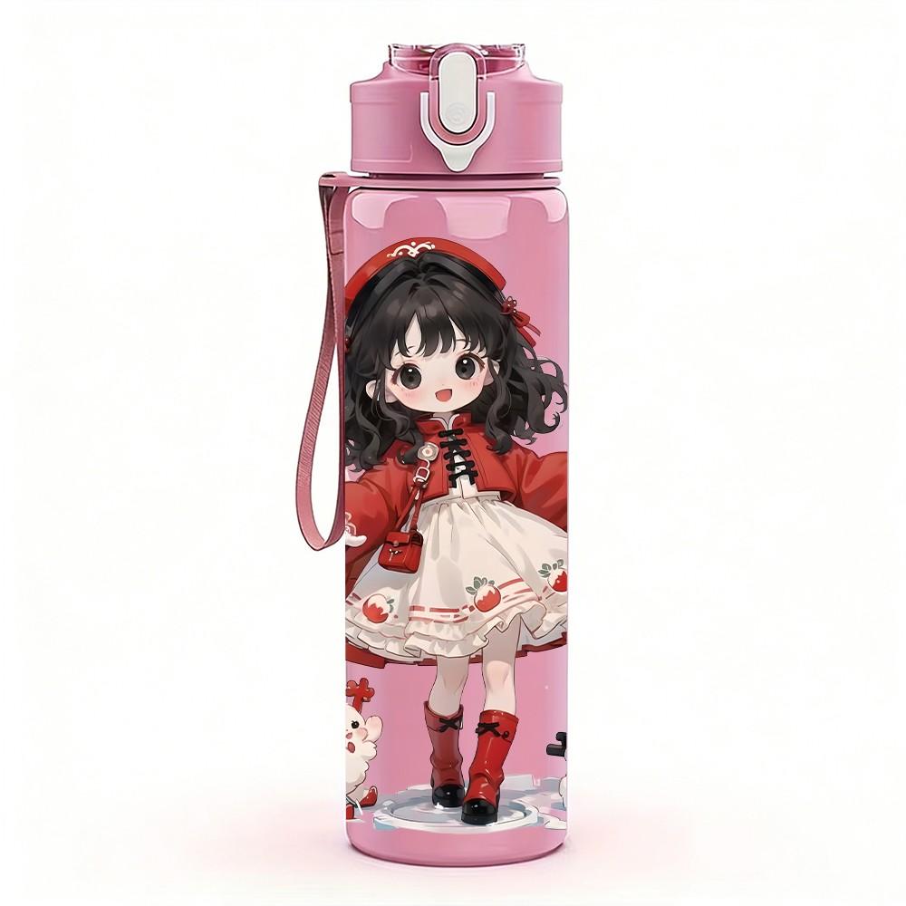1PC Red Cloak Little Girl With Rose Pattern 750ml Color Plastic Sports Water Bottle Leakproof Flip Straw Lid Suitable for Sports Office Home Use