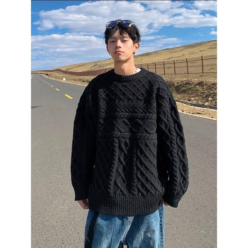 

Толстый свитер с закрученной резинкой для мужчин на осень и зиму, толстый модный свободный вязаный свитер в корейском стиле, модный ретро-свитер с круглым вырезом 2XL