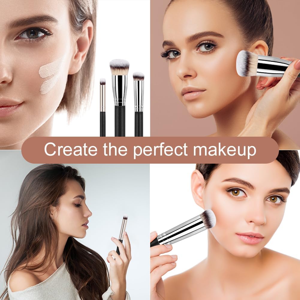 Professional Foundation Brush Set, 3 Piece Makeup Brushes with Synthetic Fibers, Black Handle with Silver Ferrule, Flat Top for Liquid and Cream