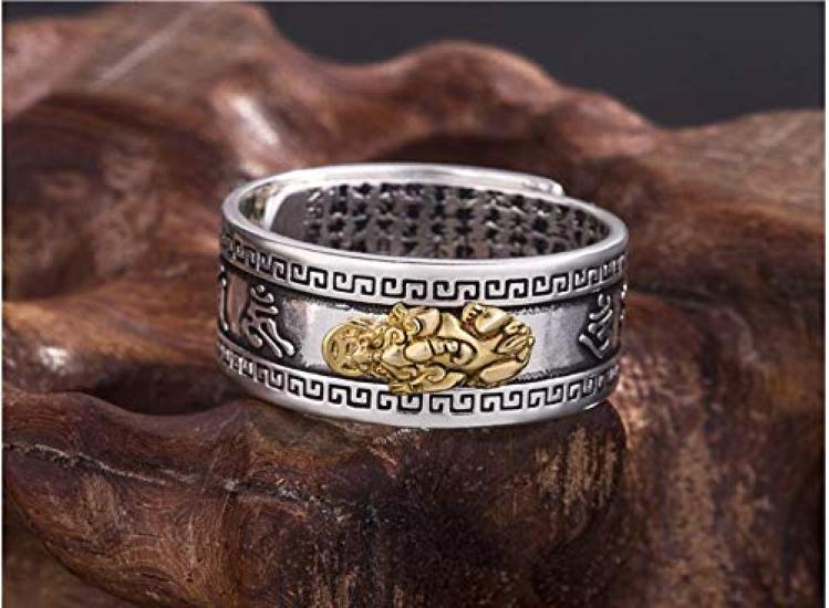 Rockyu Brand Free Size Silver Ring with Pixiu Heart Sutra Antique Amulet Ring for Protection from Evil and Good Fortune Men's Engraving, Style,