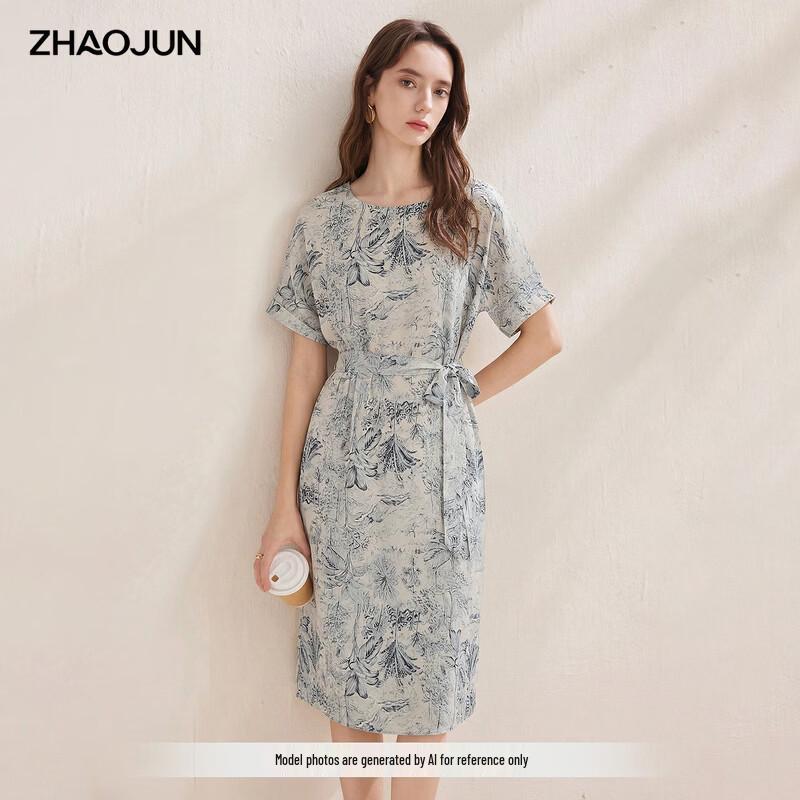 Women s Mulberry Silk Printed Short Sleeve Tie-Waist Dress M