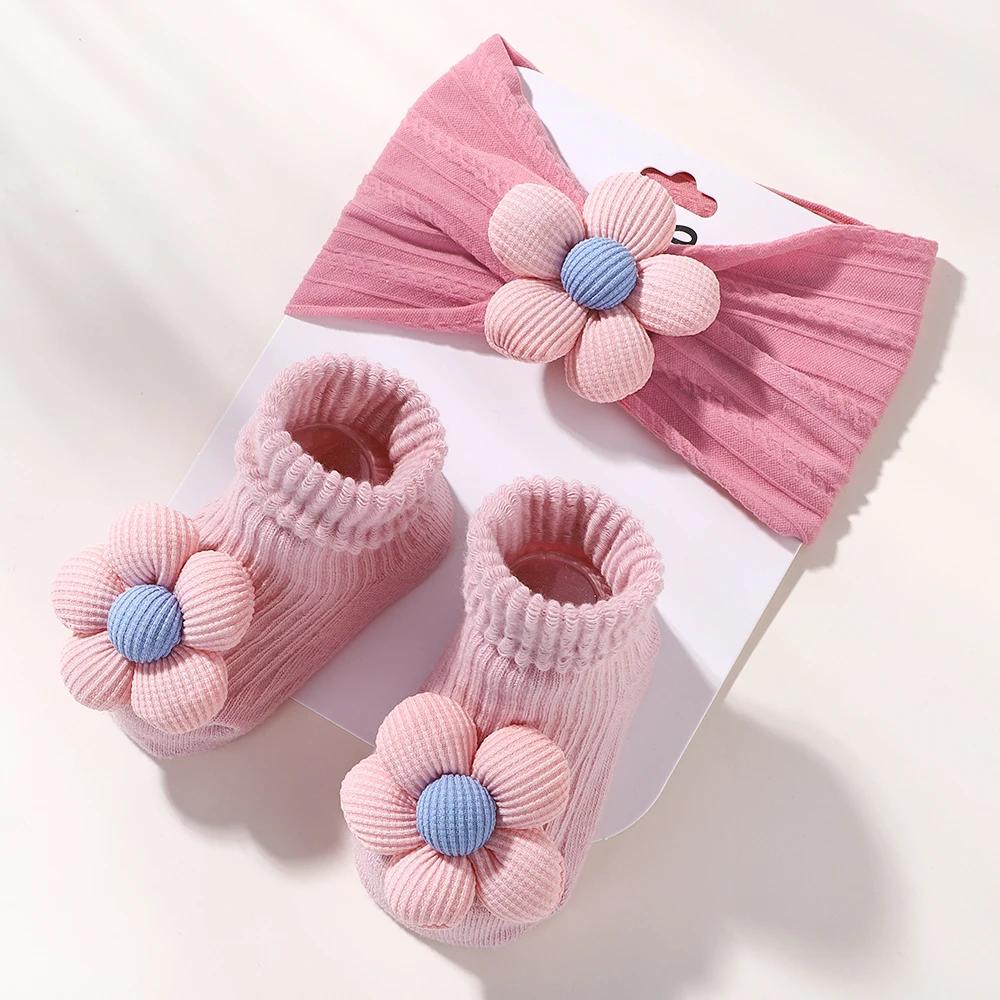 2Pcs Flower Baby Headband Socks Set Soft Nylon Hairband for Newborn Girl Elastic Floral Turban Short Sock Infant Headwear