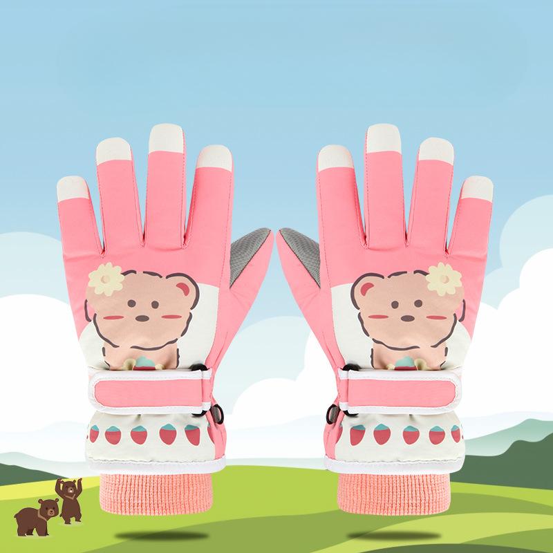 Winter Five Finger Girls' Ski Gloves  Primary School Students' Cycling Cartoon Warm Touch Screen Anti Drop Snow Cotton Gloves
